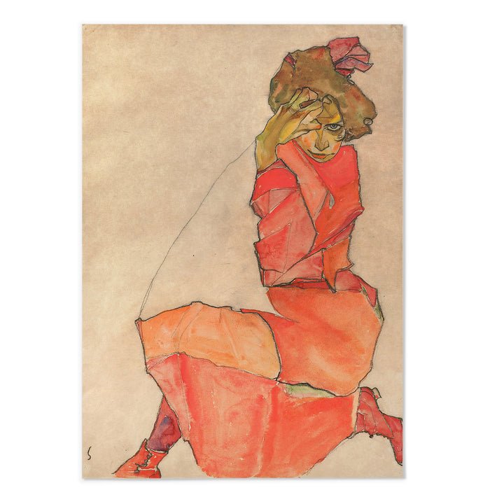 Kneeling Female in Orange-Red Dress Art Print