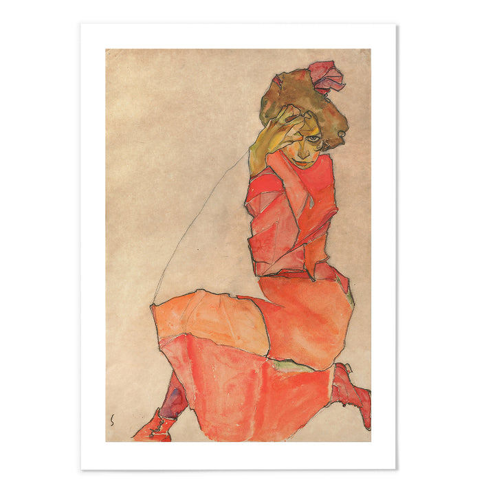 Kneeling Female in Orange-Red Dress Art Print