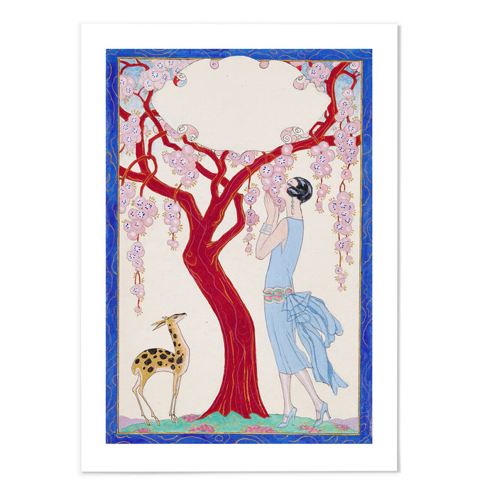 Femme, faon et arbre rouge