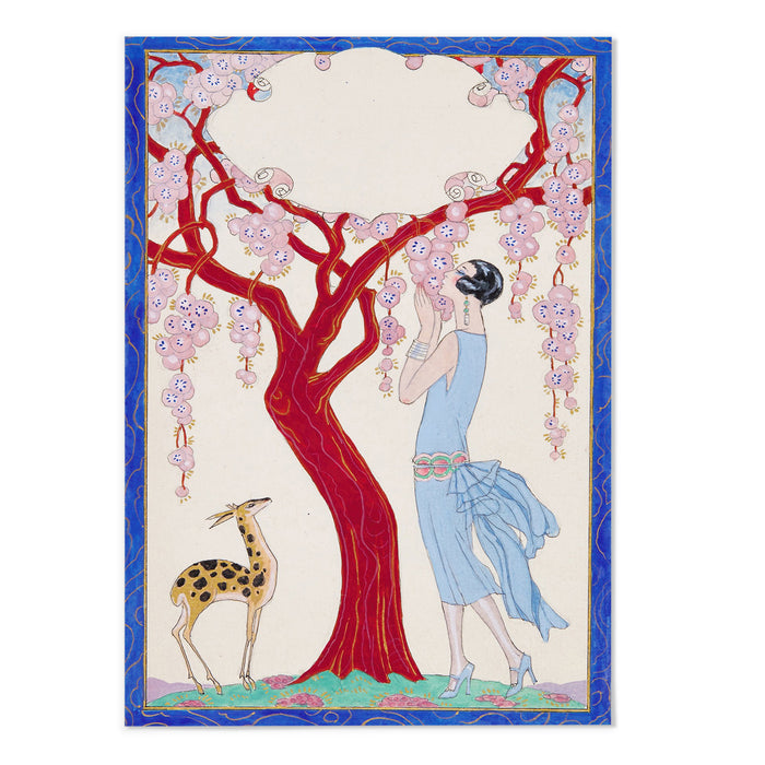 Femme, faon et arbre rouge
