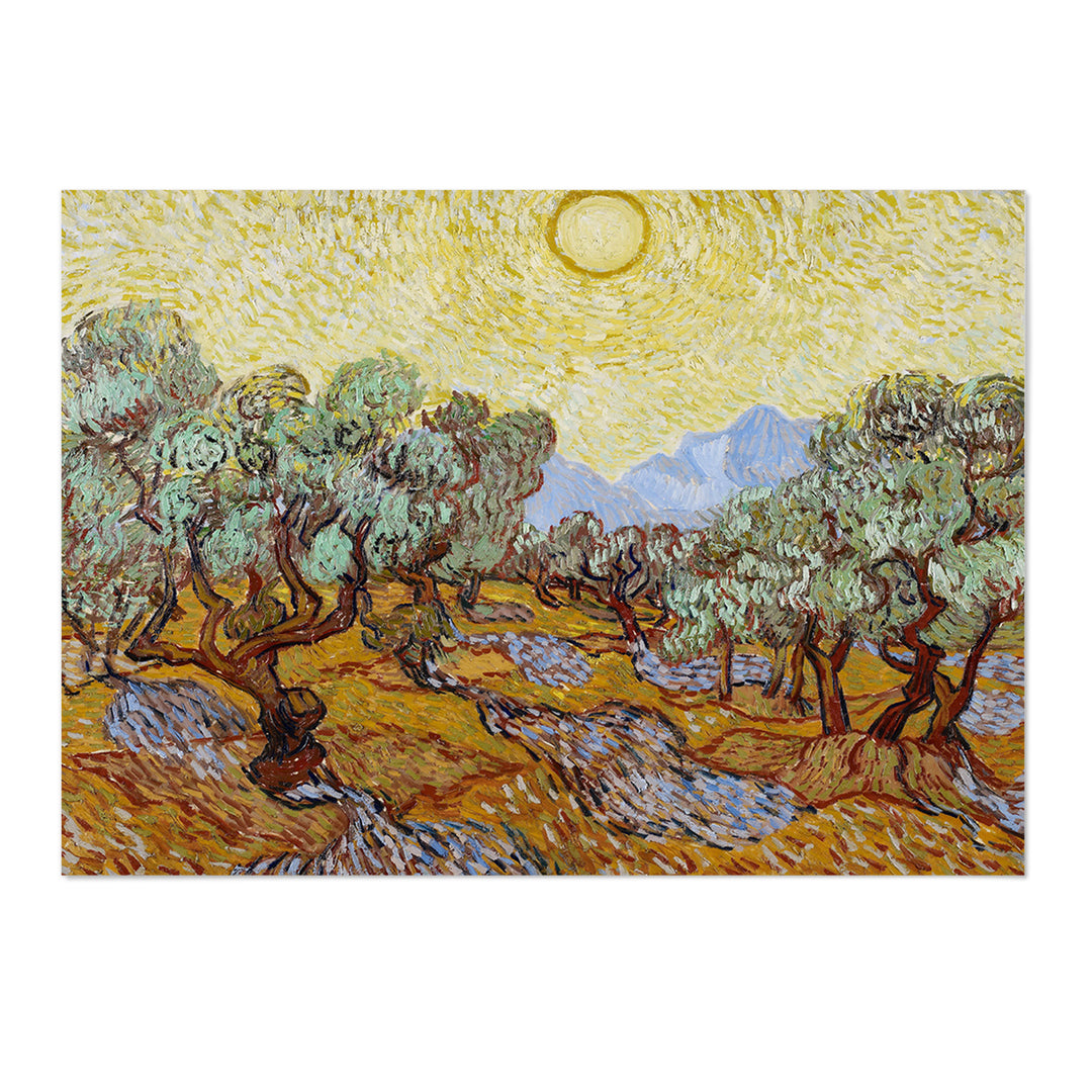 Olive Trees with Yellow Sky and Sun Art Print