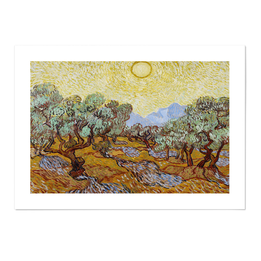 Olive Trees with Yellow Sky and Sun Art Print