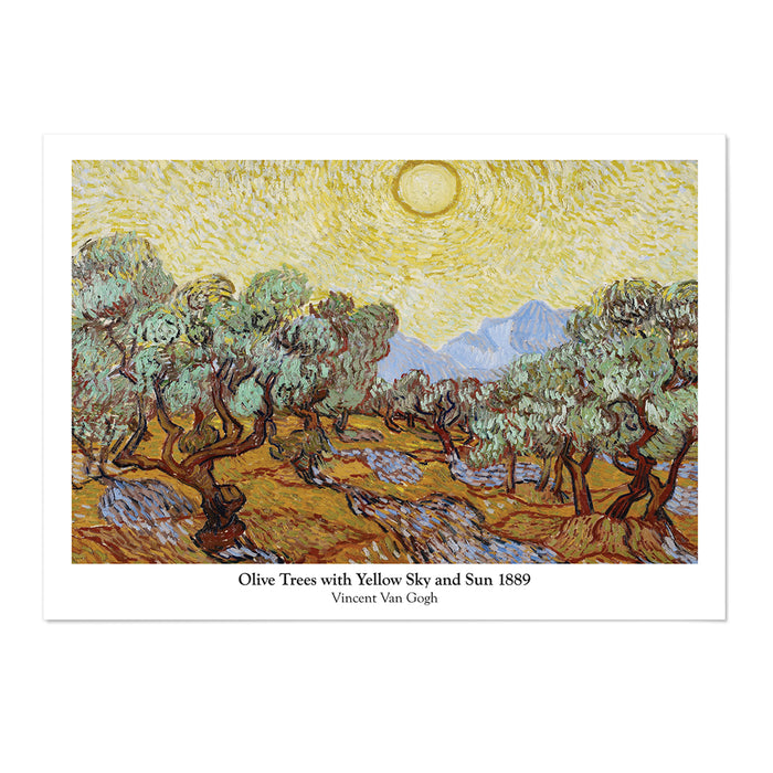 Olive Trees with Yellow Sky and Sun Text Version