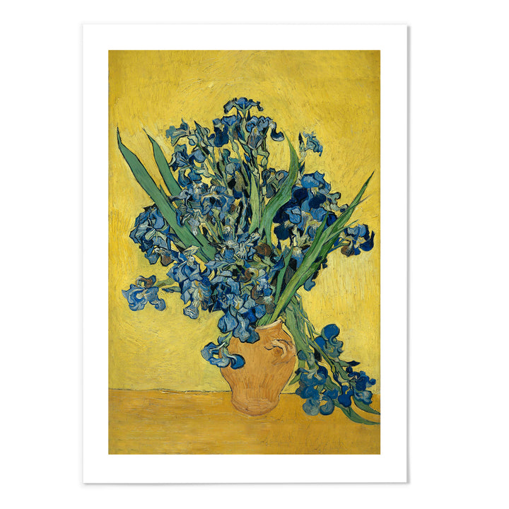 Vase with Irises Against a Yellow Background Art Print