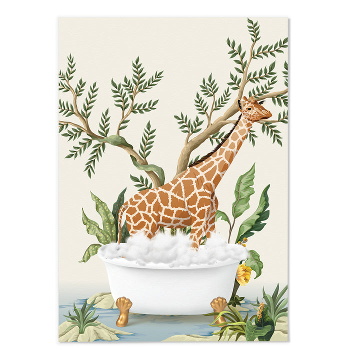 Giraffe Jungle Bathing Art Print