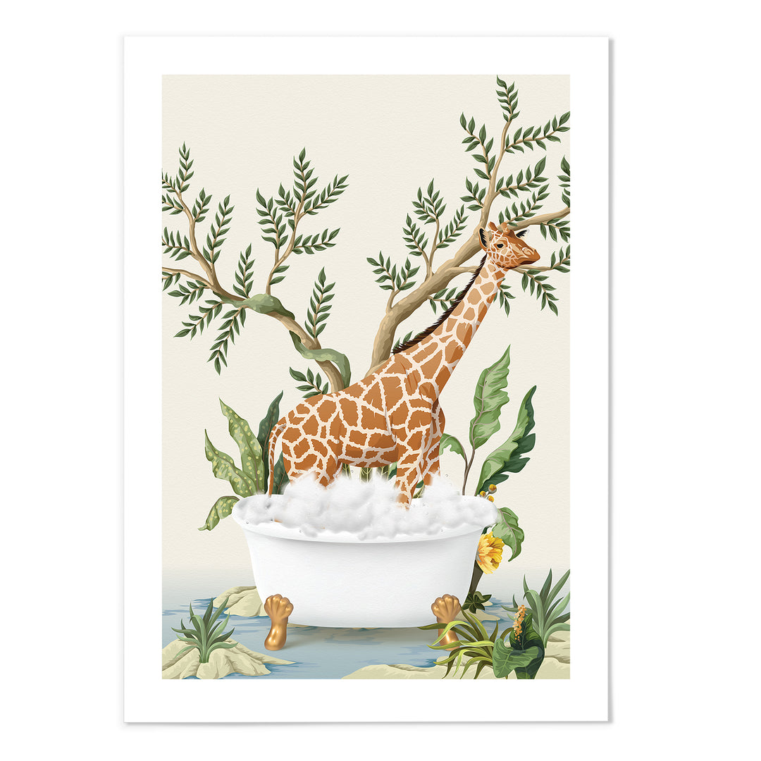 Giraffe Jungle Bathing Art Print